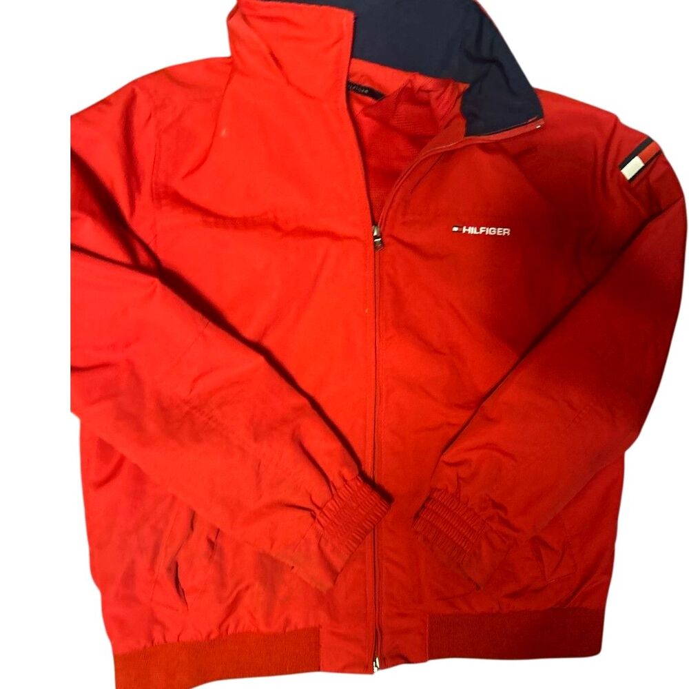 Tommy Hilfiger Mens L Jacket Full Zip Windbreaker Hide-Away Hood Red